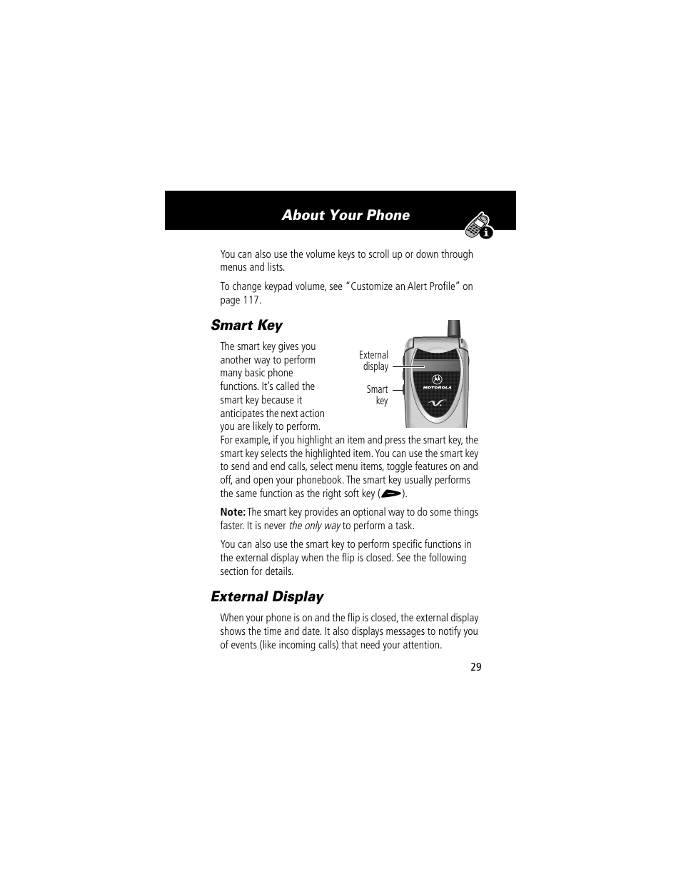 Smart key, External display, Smart key external display | About your phone | Motorola 60t User Manual | Page 31 / 192