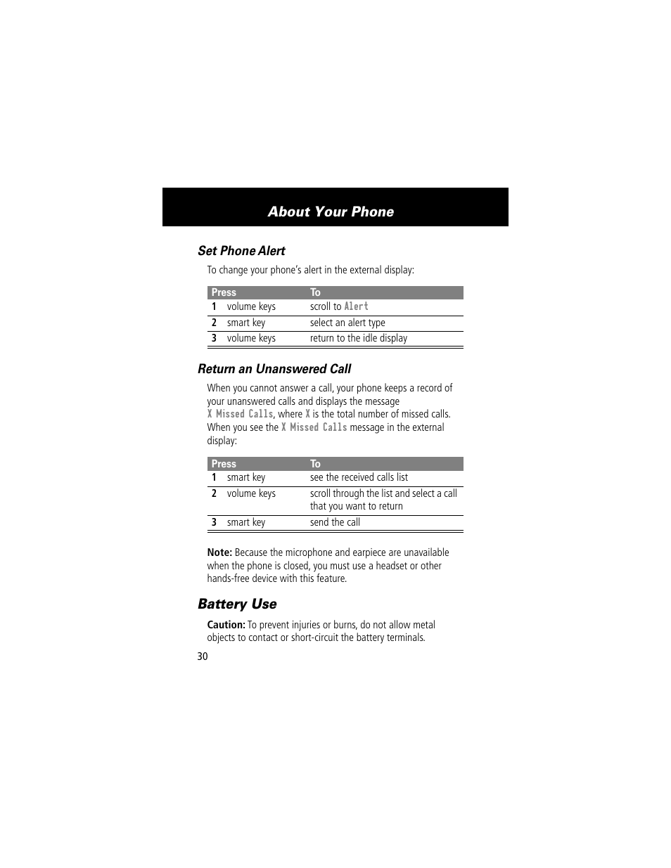 Battery use, About your phone, Set phone alert | Return an unanswered call | Motorola 60t User Manual | Page 32 / 192