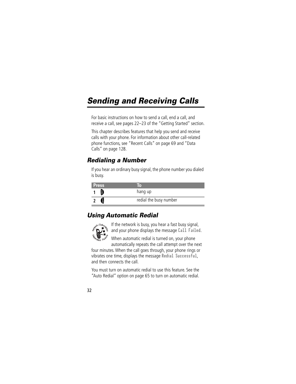 Sending and receiving calls, Redialing a number, Using automatic redial | Redialing a number using automatic redial | Motorola 60t User Manual | Page 34 / 192
