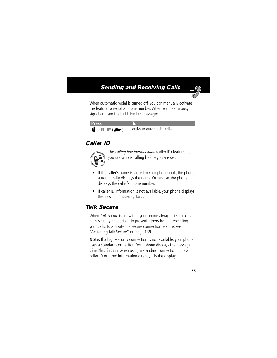 Caller id, Talk secure, Caller id talk secure | Sending and receiving calls | Motorola 60t User Manual | Page 35 / 192