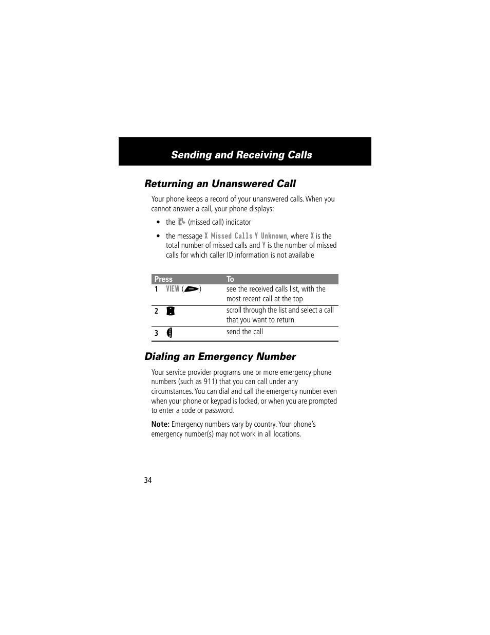 Returning an unanswered call, Dialing an emergency number, Sending and receiving calls | Motorola 60t User Manual | Page 36 / 192