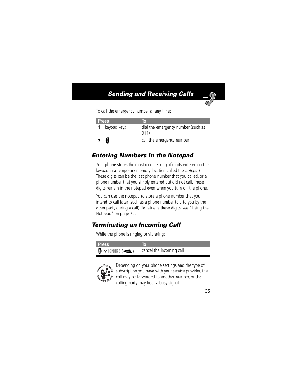 Entering numbers in the notepad, Terminating an incoming call, Editing a phonebook entry | Sending and receiving calls | Motorola 60t User Manual | Page 37 / 192