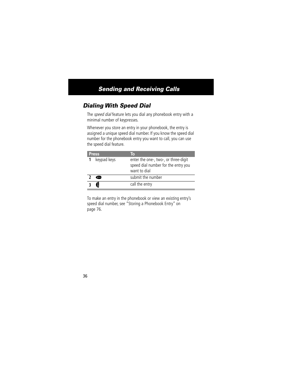 Dialing with speed dial, Sending and receiving calls | Motorola 60t User Manual | Page 38 / 192