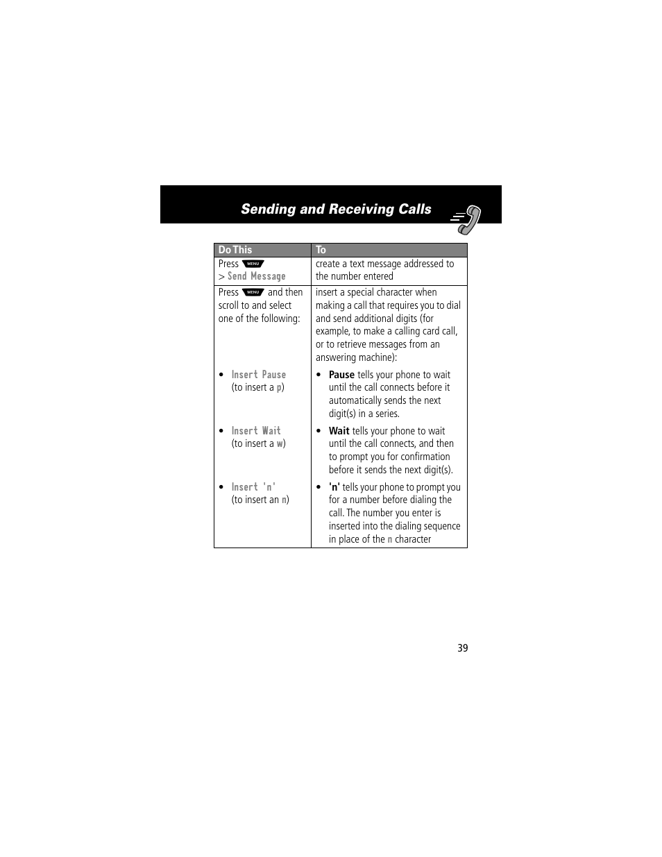 Sending and receiving calls | Motorola 60t User Manual | Page 41 / 192