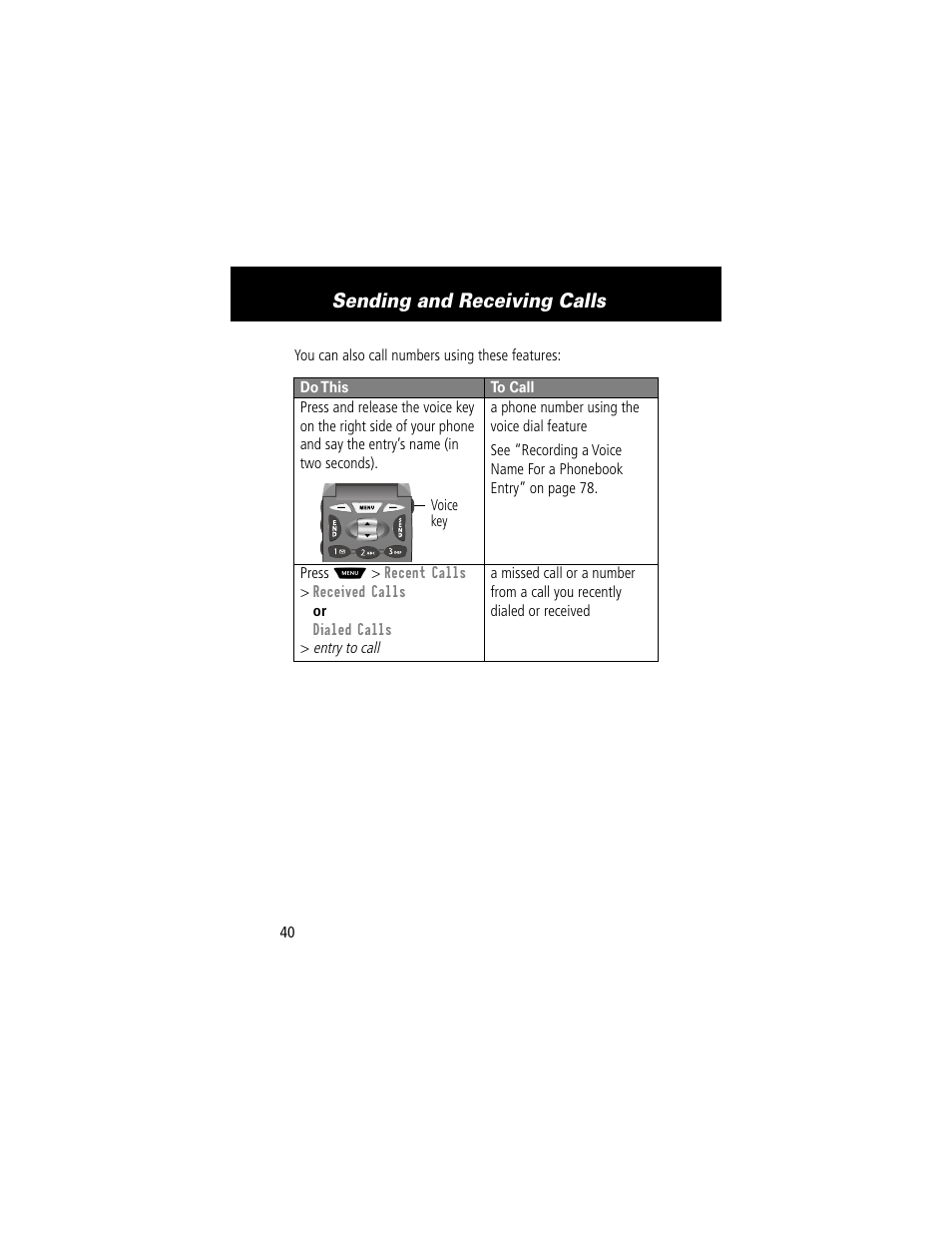 Sending and receiving calls | Motorola 60t User Manual | Page 42 / 192