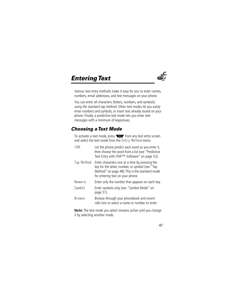 Entering text, Choosing a text mode | Motorola 60t User Manual | Page 49 / 192