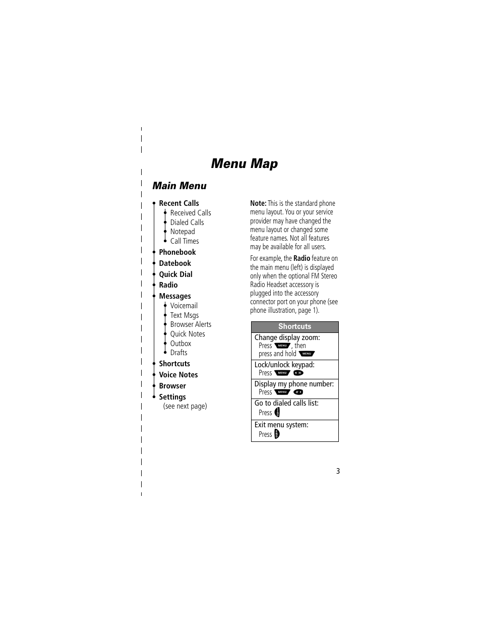 Menu map, Main menu | Motorola 60t User Manual | Page 5 / 192