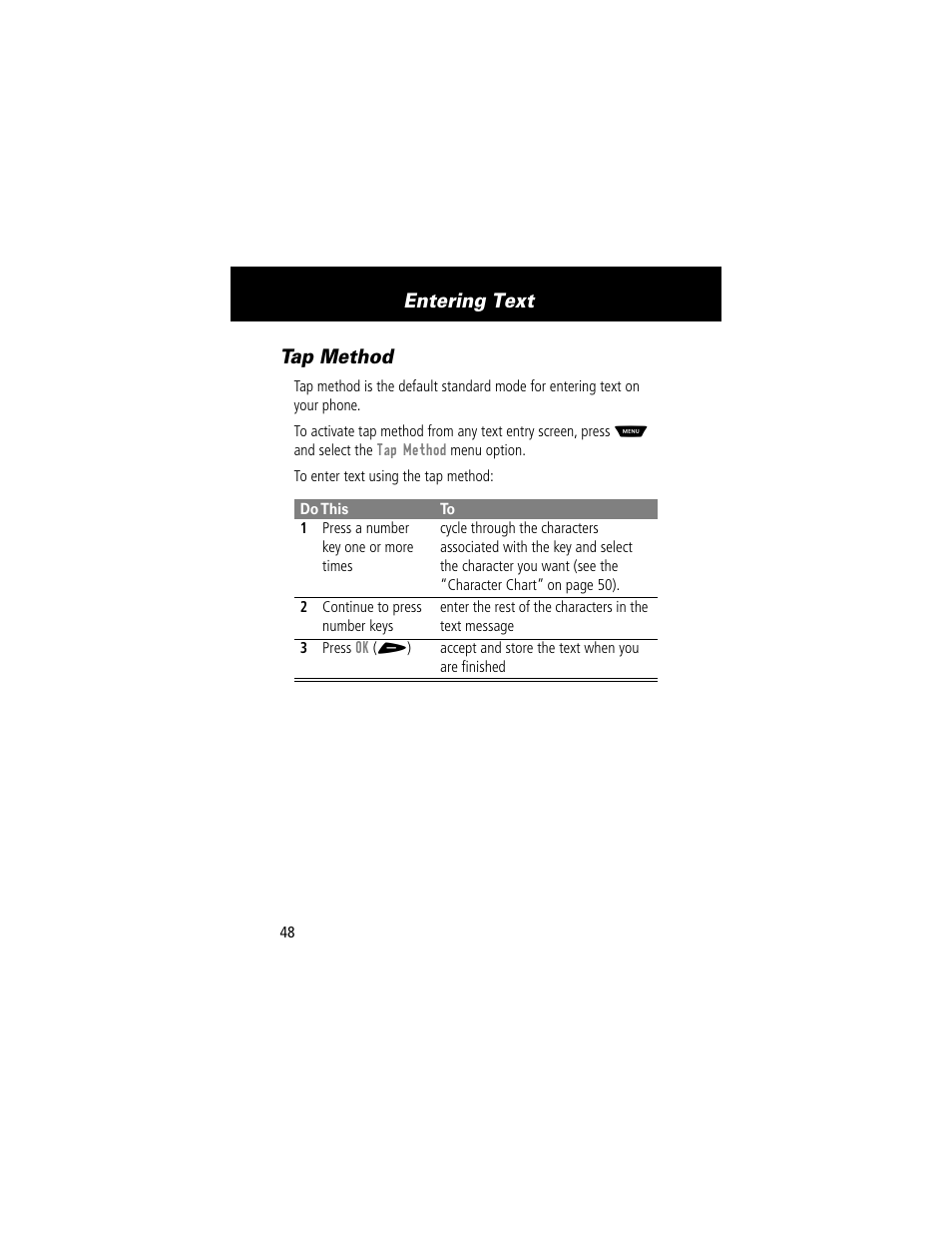 Tap method, Entering text | Motorola 60t User Manual | Page 50 / 192