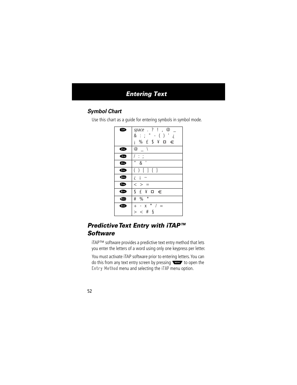 Predictive text entry with itap™ software, Entering text, Symbol chart | Motorola 60t User Manual | Page 54 / 192