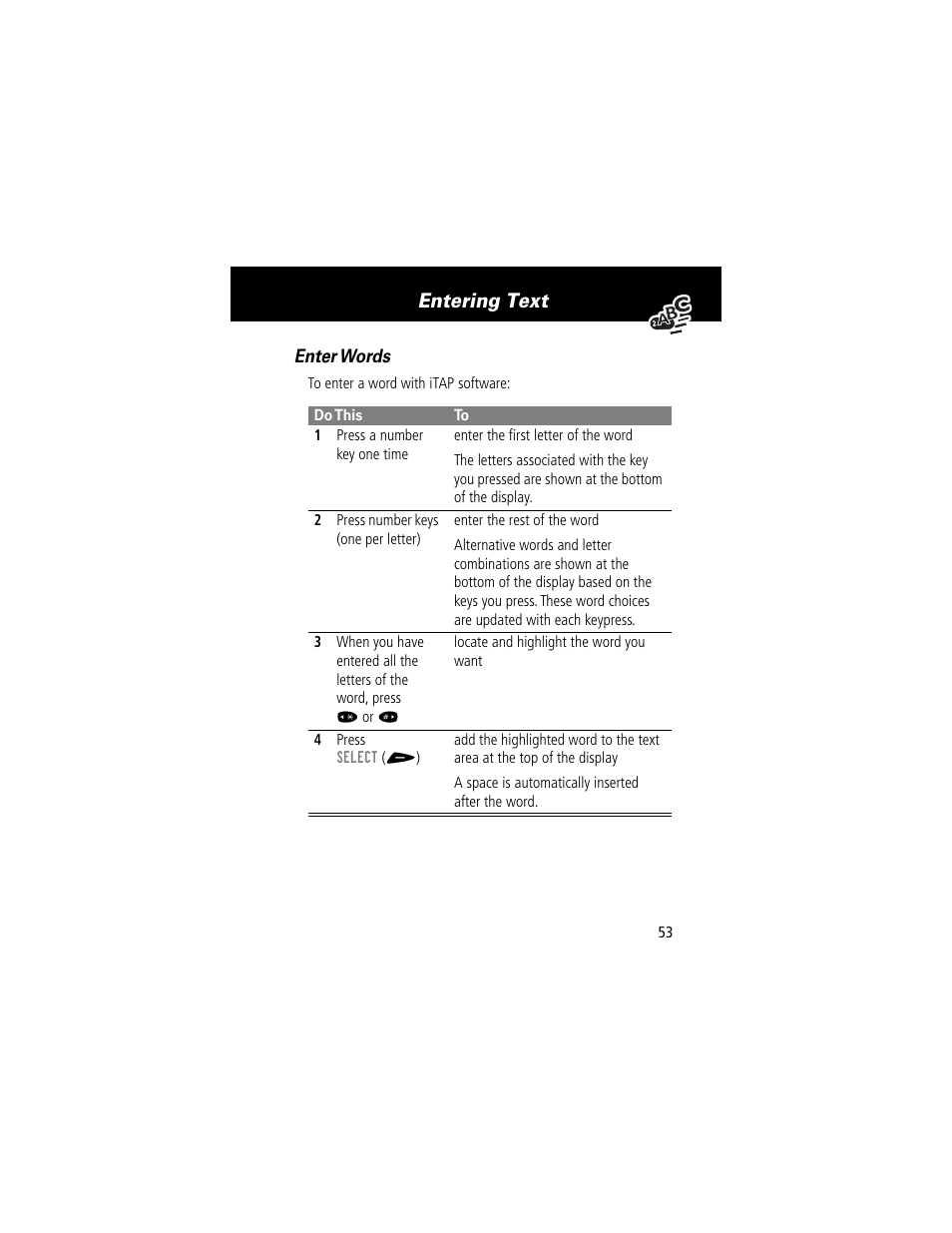 Entering text, Enter words | Motorola 60t User Manual | Page 55 / 192