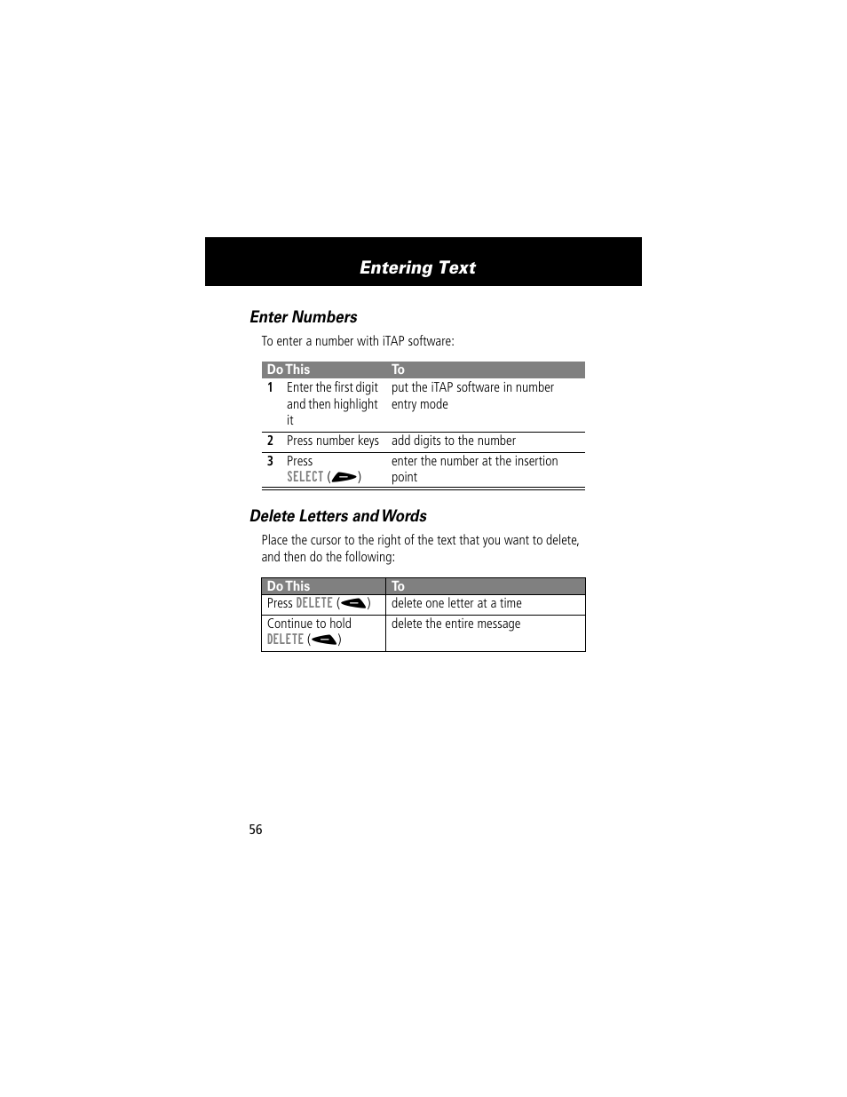 Entering text, Enter numbers, Delete letters and words | Motorola 60t User Manual | Page 58 / 192