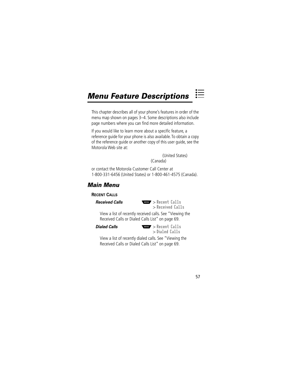 Menu feature descriptions, Main menu | Motorola 60t User Manual | Page 59 / 192