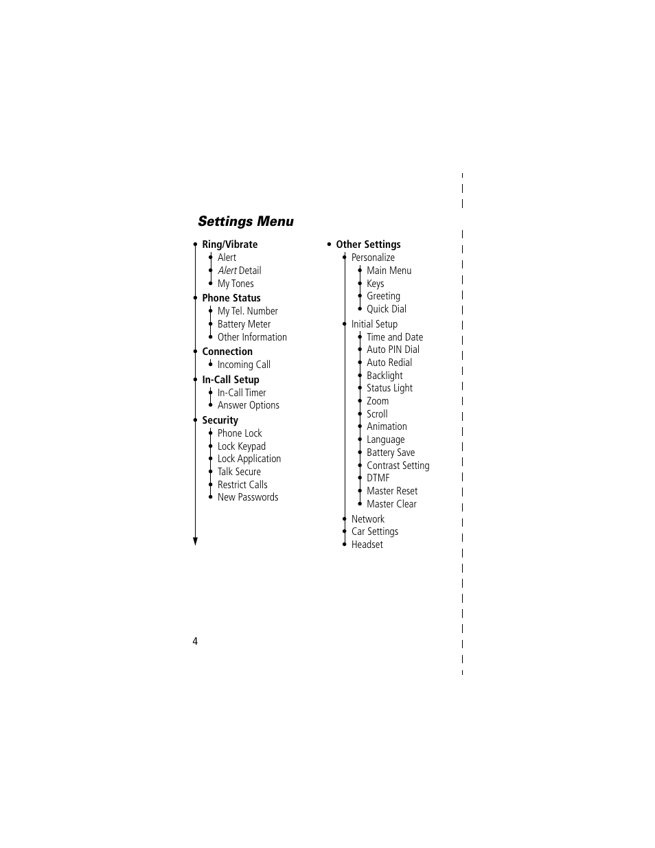 Settings menu | Motorola 60t User Manual | Page 6 / 192