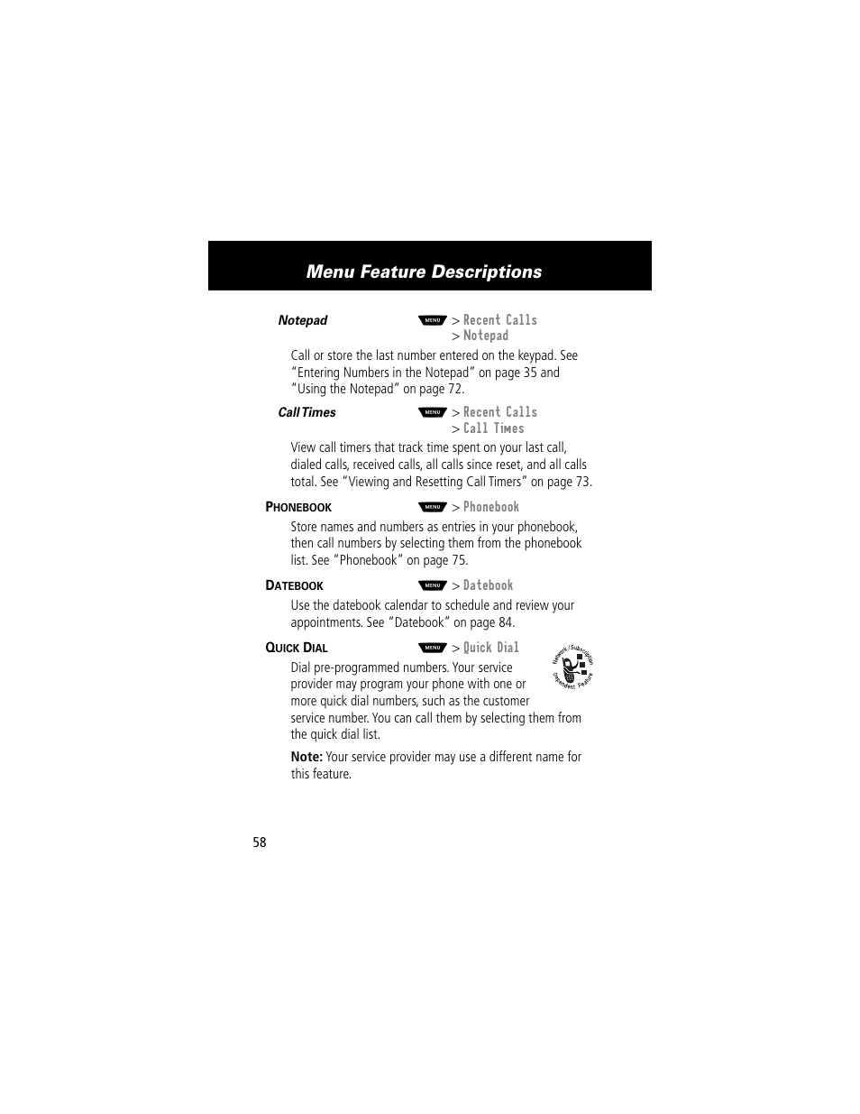 Menu feature descriptions | Motorola 60t User Manual | Page 60 / 192