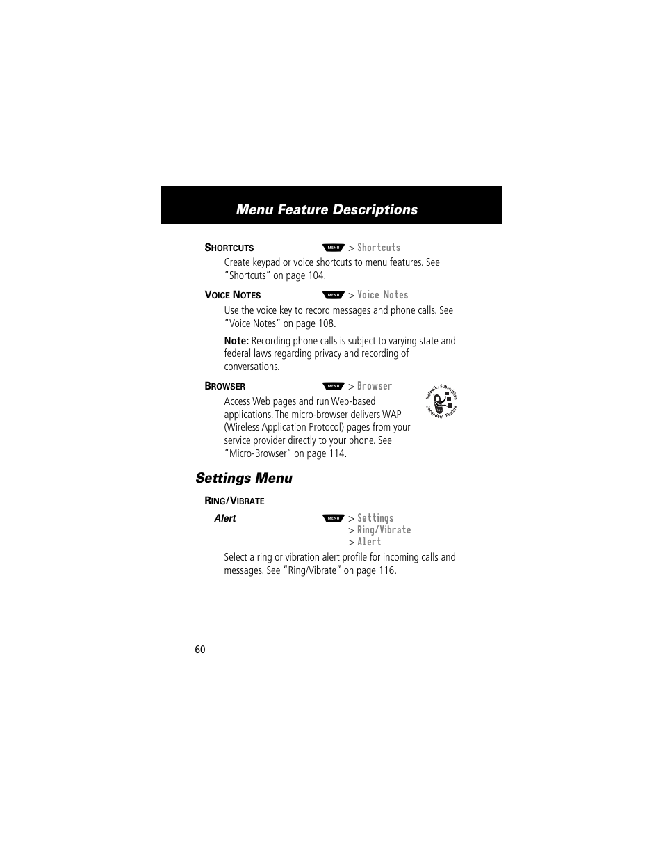 Menu feature descriptions, Settings menu | Motorola 60t User Manual | Page 62 / 192