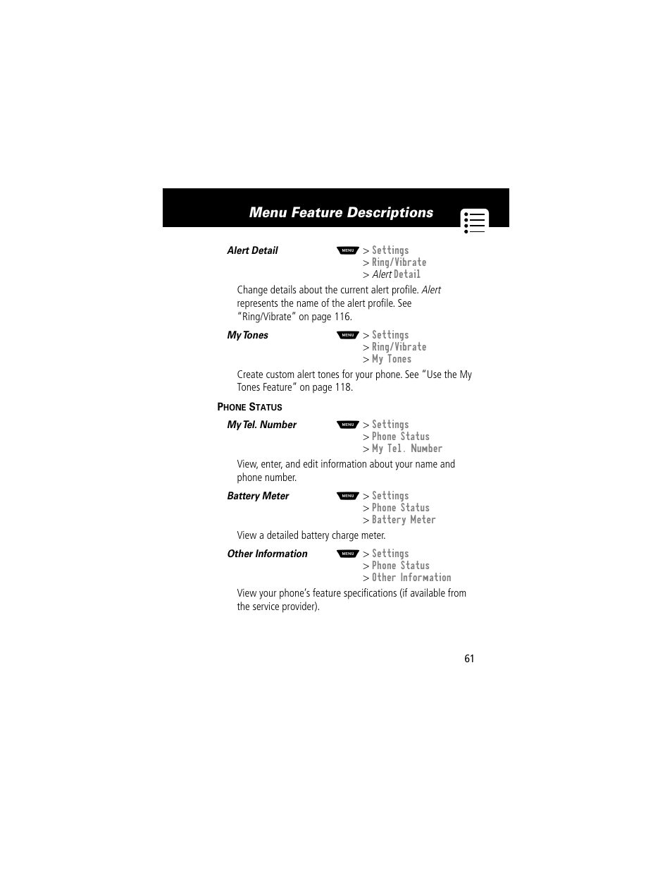 Menu feature descriptions | Motorola 60t User Manual | Page 63 / 192