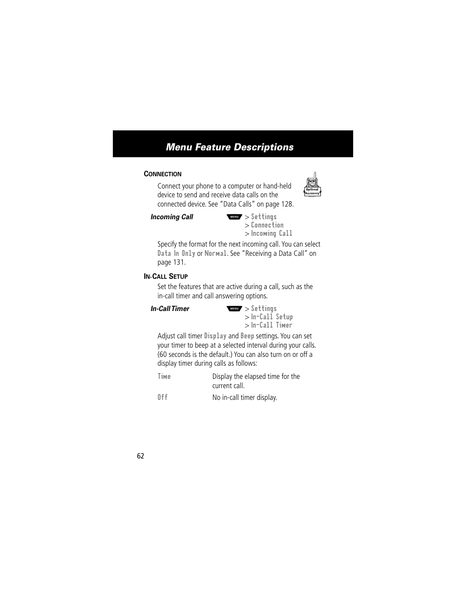 Menu feature descriptions | Motorola 60t User Manual | Page 64 / 192