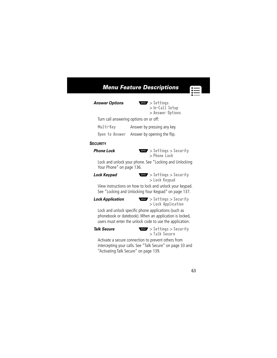 Menu feature descriptions | Motorola 60t User Manual | Page 65 / 192