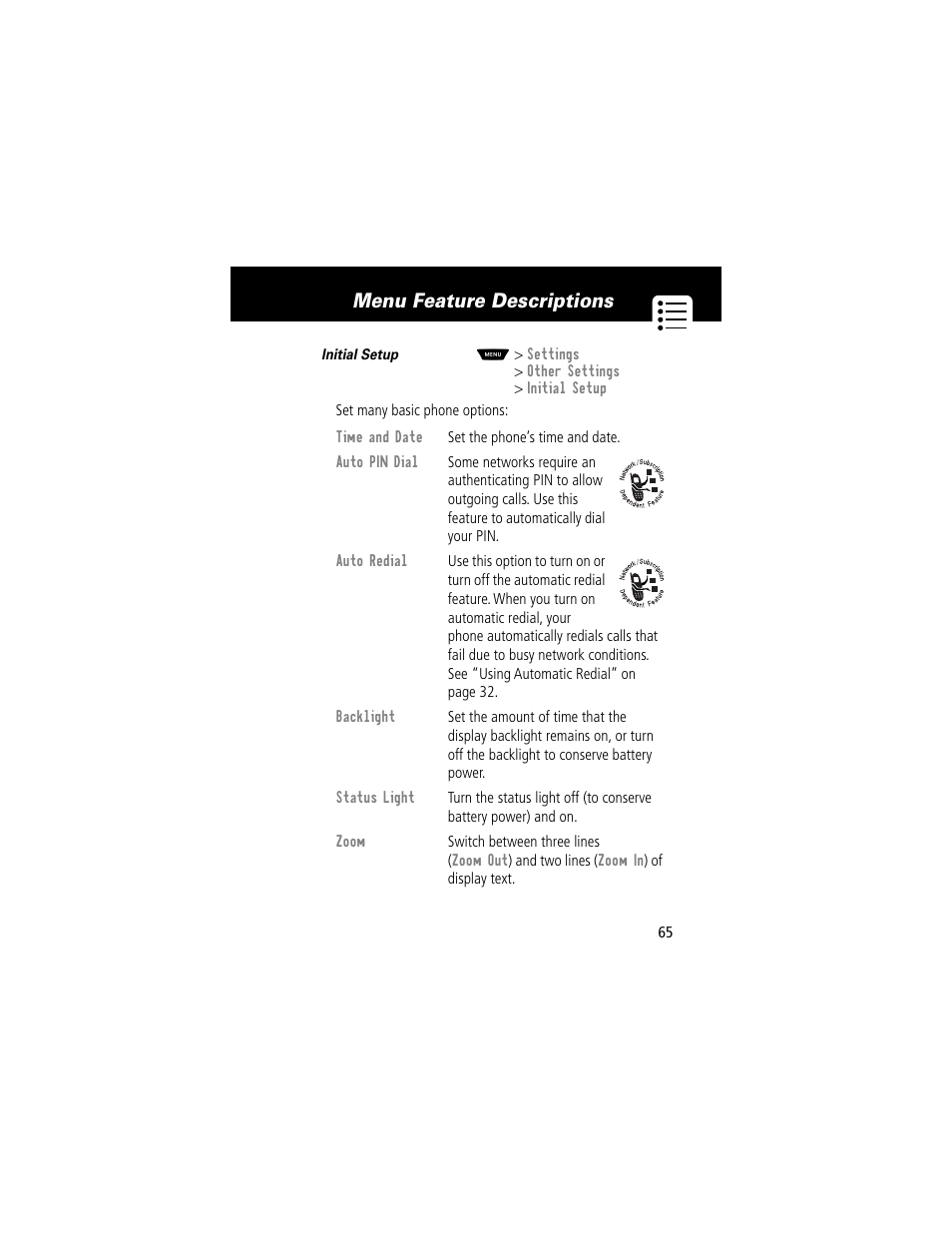Menu feature descriptions | Motorola 60t User Manual | Page 67 / 192