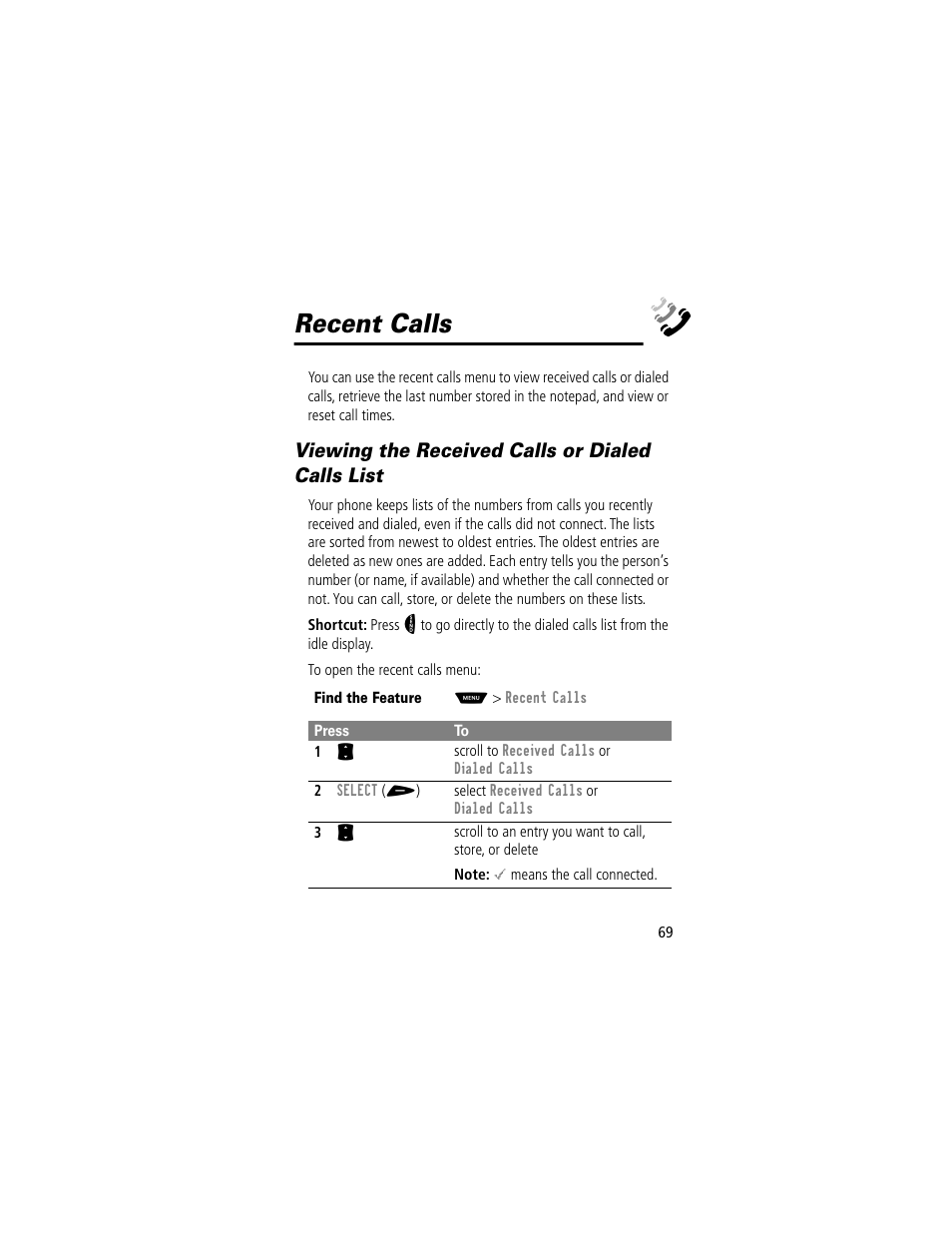Recent calls, Viewing the received calls or dialed calls list | Motorola 60t User Manual | Page 71 / 192