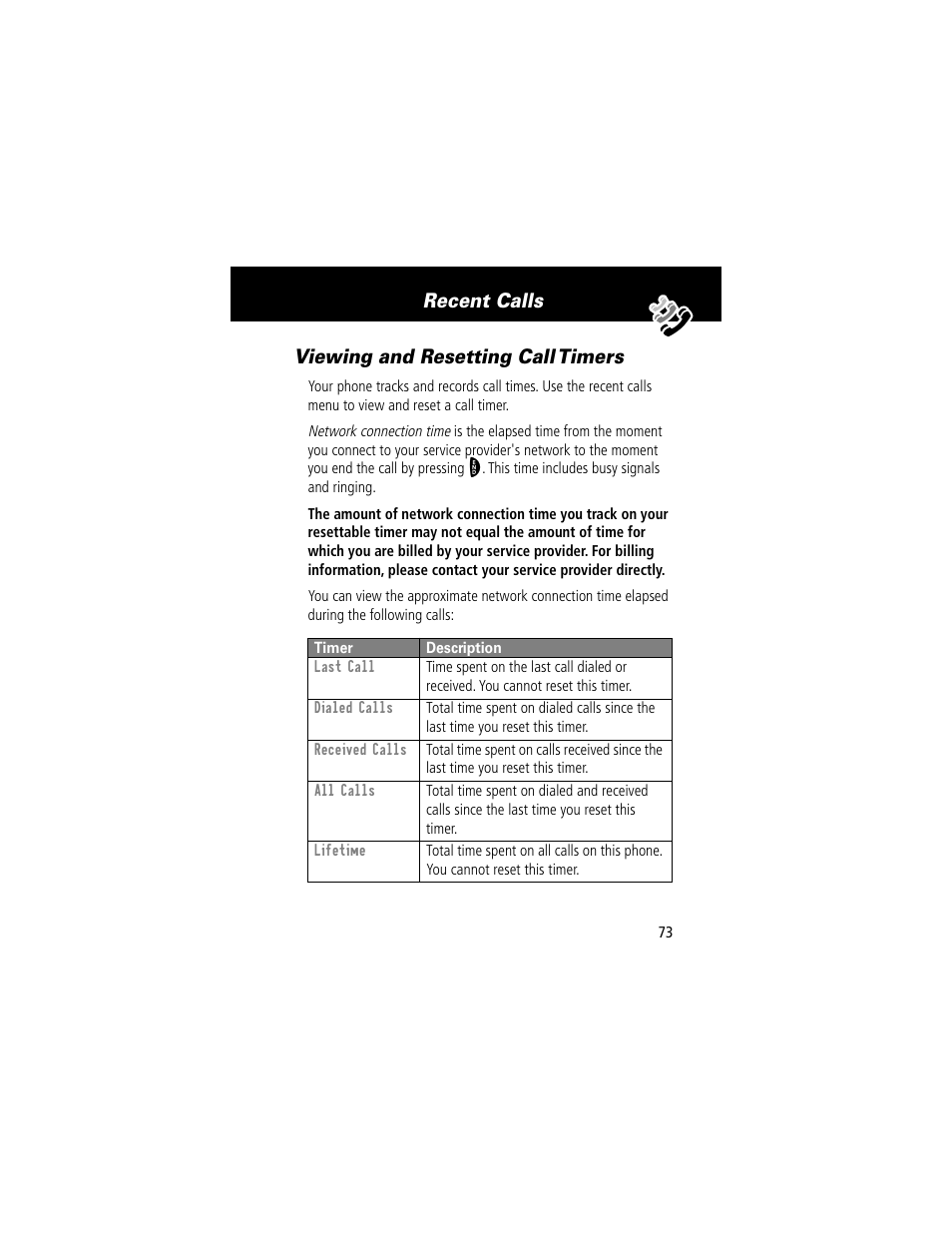 Viewing and resetting call timers, Recent calls viewing and resetting call timers | Motorola 60t User Manual | Page 75 / 192