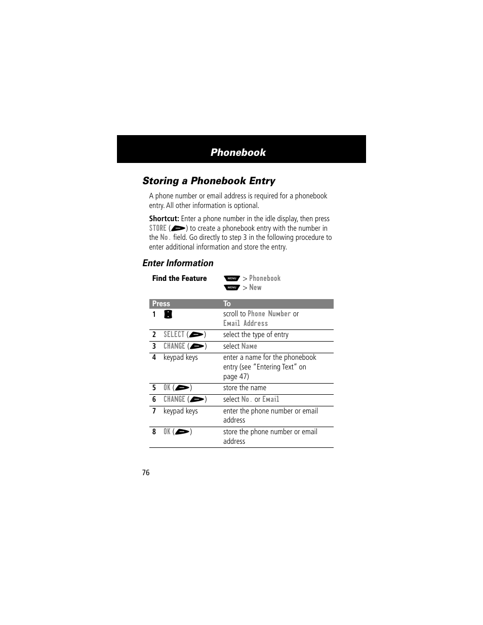 Storing a phonebook entry, Phonebook, Enter information | Motorola 60t User Manual | Page 78 / 192