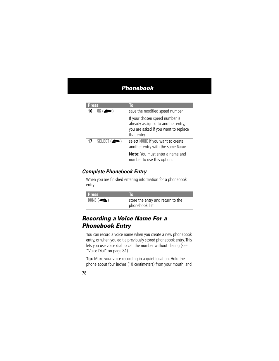 Recording a voice name for a phonebook entry, Phonebook, Complete phonebook entry | Motorola 60t User Manual | Page 80 / 192