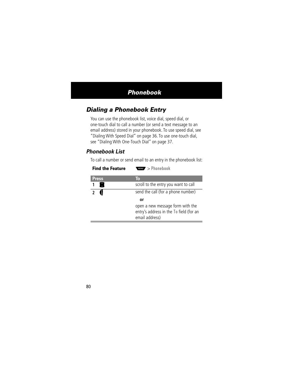 Dialing a phonebook entry, Phonebook | Motorola 60t User Manual | Page 82 / 192