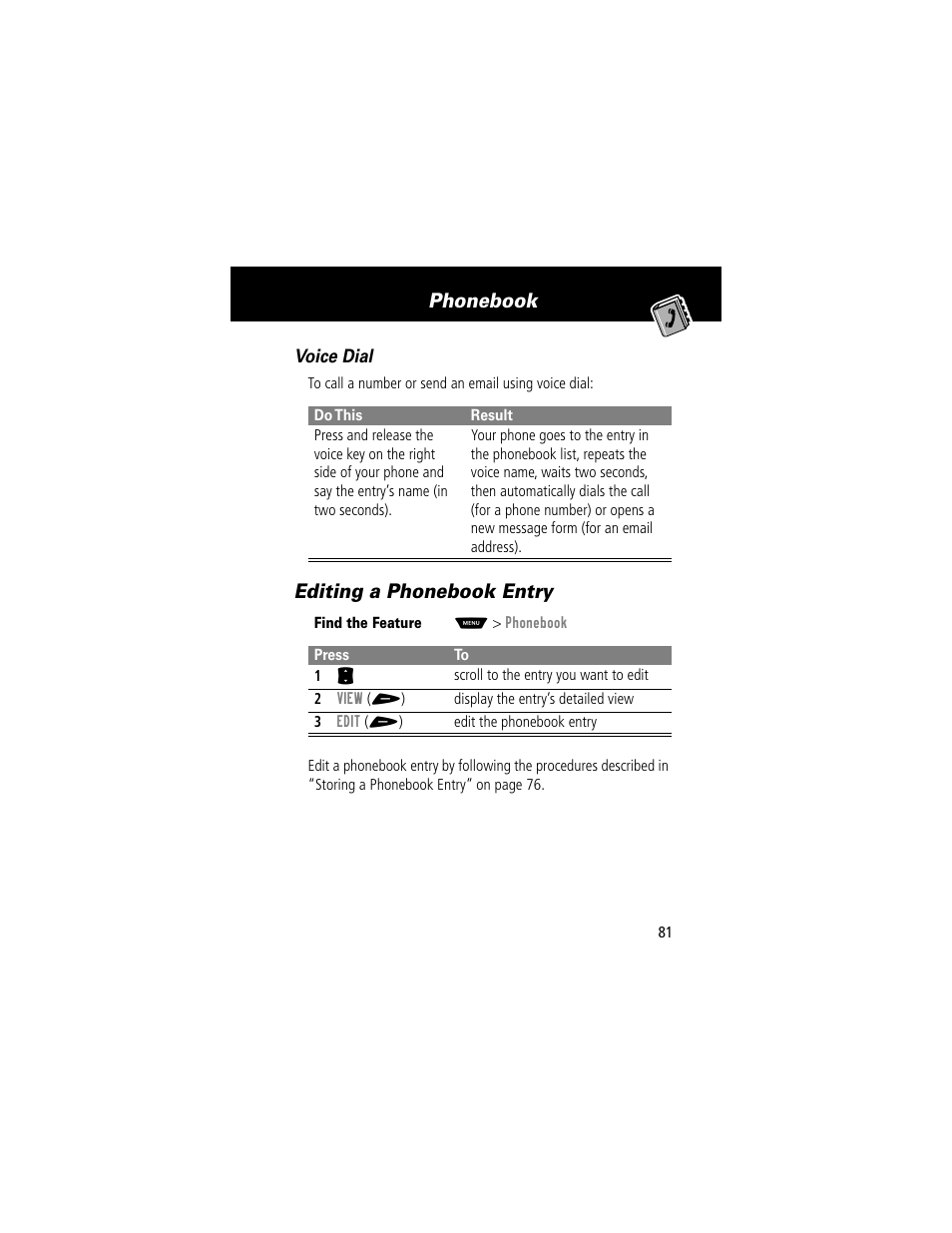 Editing a phonebook entry, Viewing the status of sent text messages, Phonebook | Voice dial | Motorola 60t User Manual | Page 83 / 192