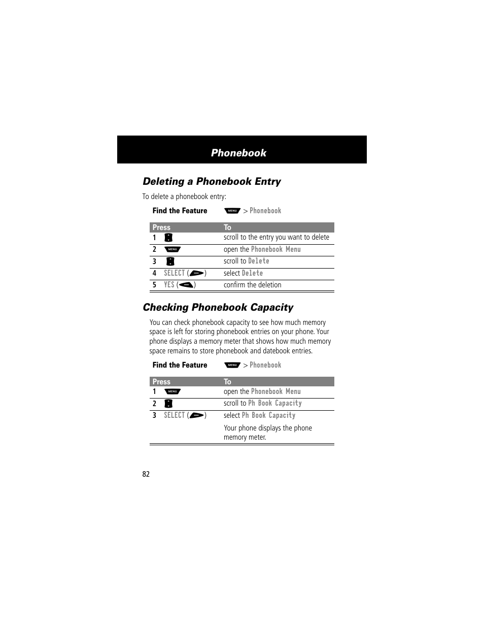 Deleting a phonebook entry, Checking phonebook capacity, Phonebook | Motorola 60t User Manual | Page 84 / 192