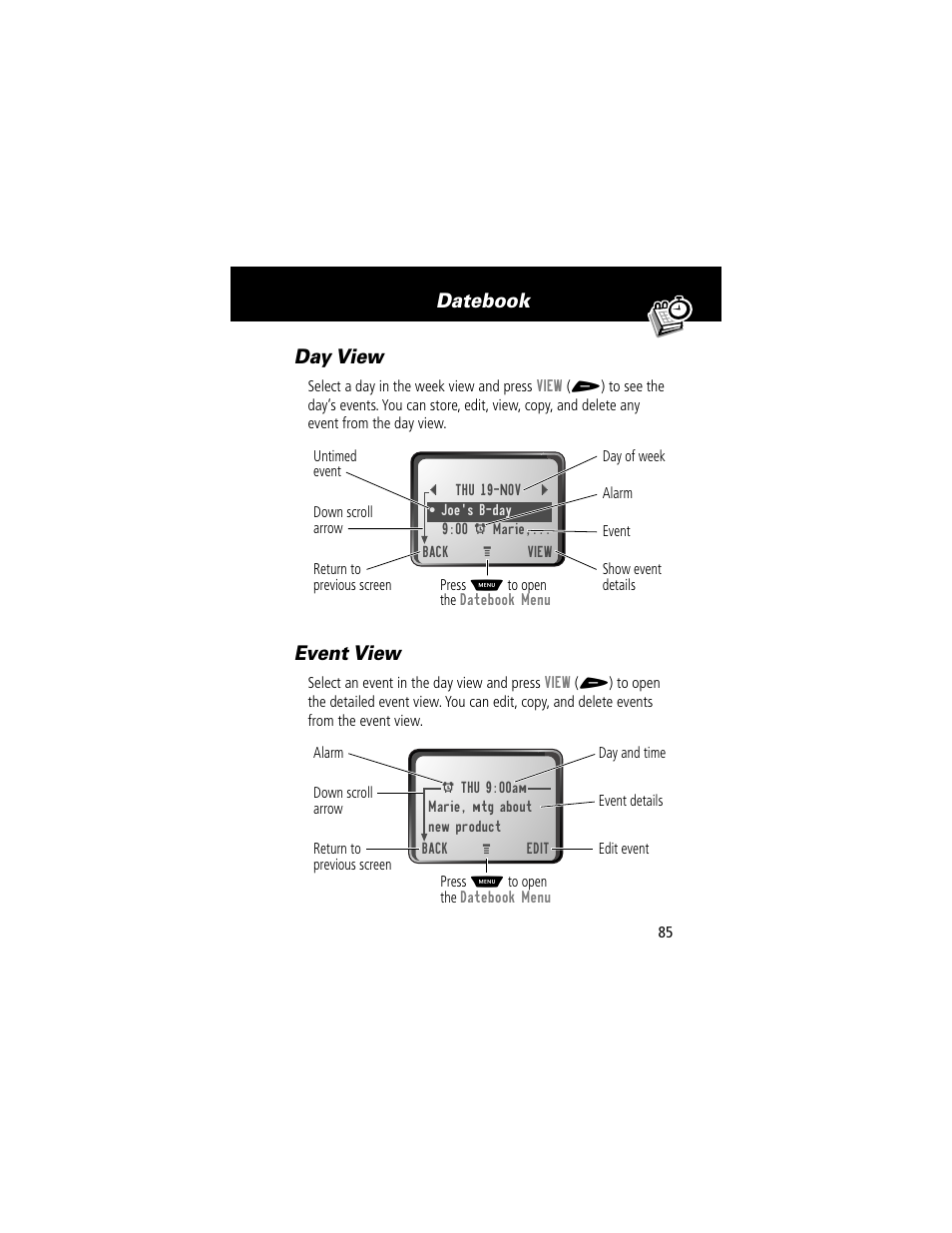 Day view, Event view, Day view event view | Datebook day view | Motorola 60t User Manual | Page 87 / 192