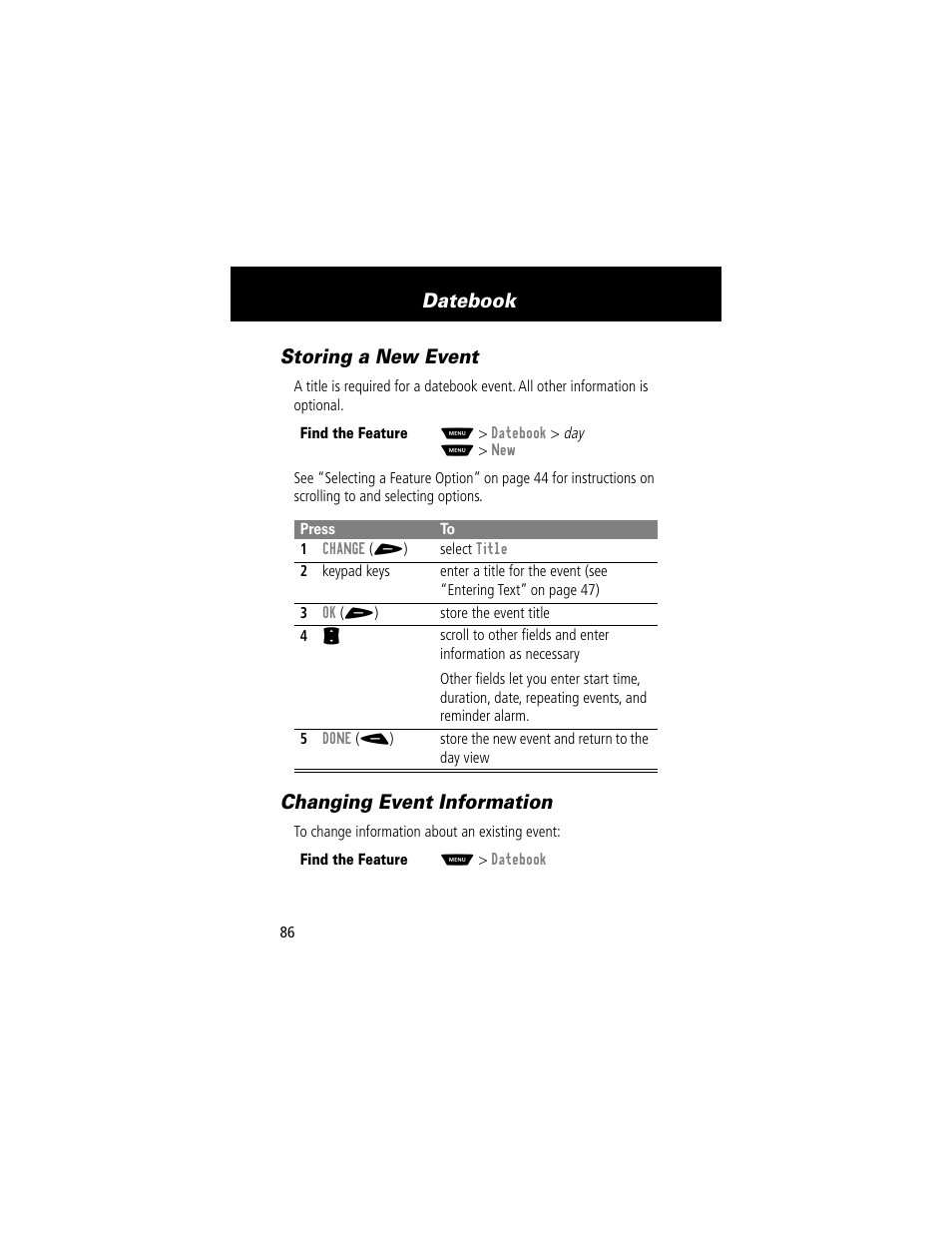 Storing a new event, Changing event information, Storing a new event changing event information | Datebook | Motorola 60t User Manual | Page 88 / 192