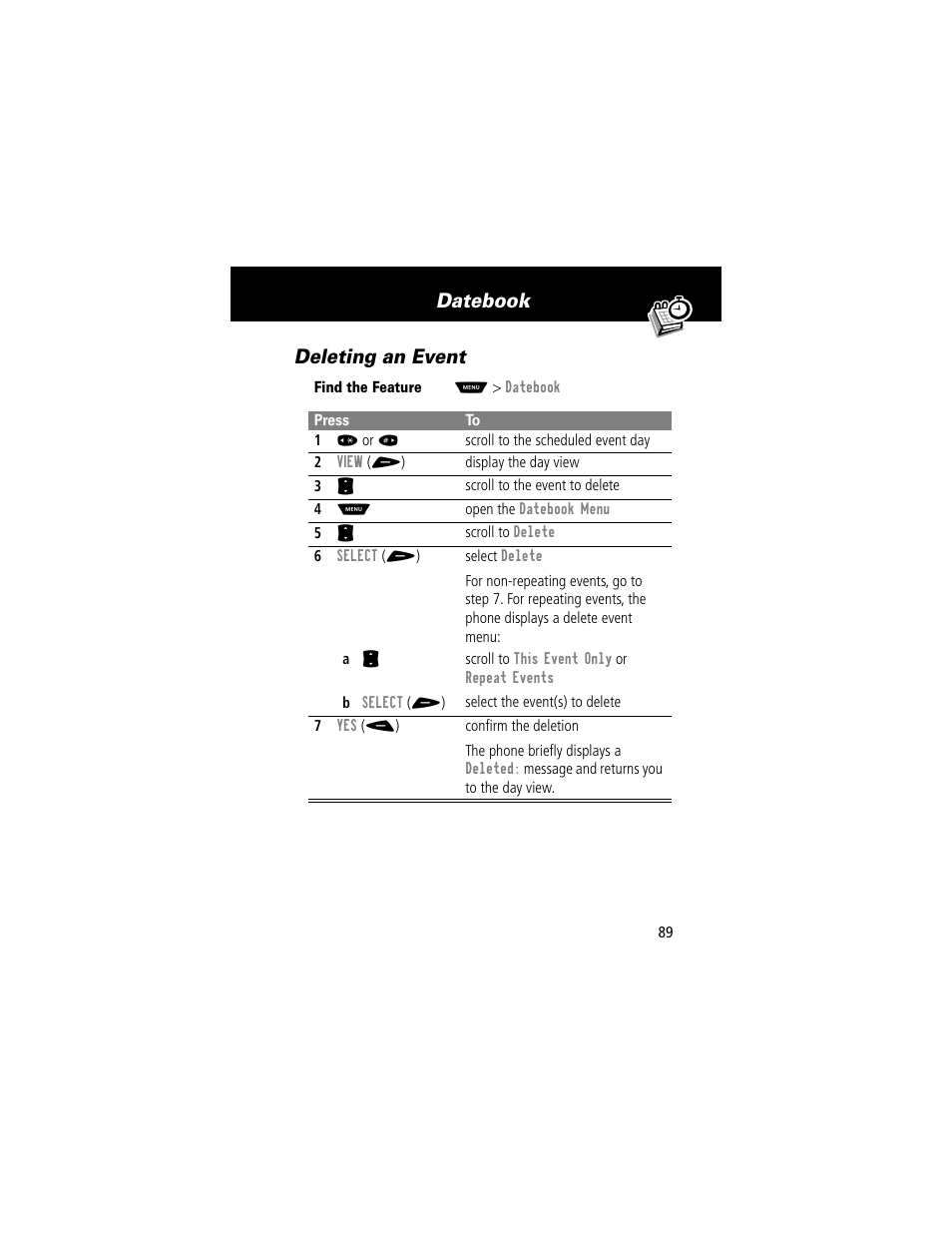 Deleting an event, Datebook deleting an event | Motorola 60t User Manual | Page 91 / 192