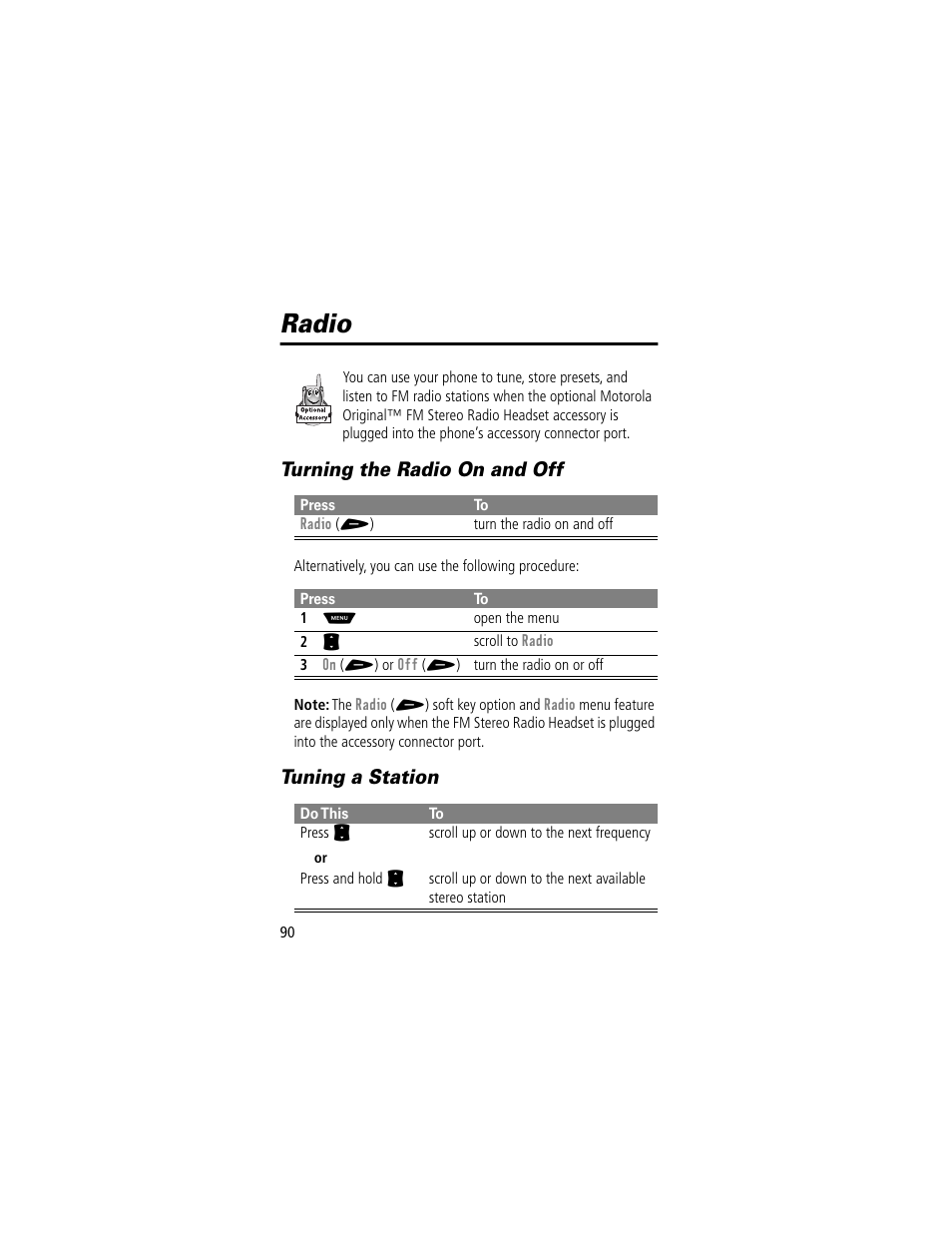 Radio, Turning the radio on and off, Tuning a station | Turning the radio on and off tuning a station | Motorola 60t User Manual | Page 92 / 192