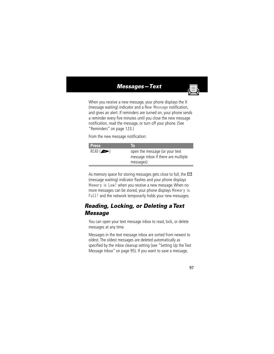 Reading, locking, or deleting a text message, Messages—text | Motorola 60t User Manual | Page 99 / 192