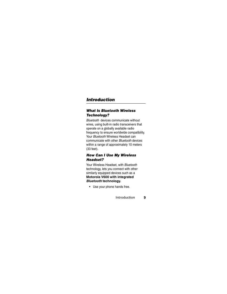 Introduction, What is bluetooth wireless technology, How can i use my wireless headset | Motorola MOTOMANUAL HS805 User Manual | Page 11 / 90