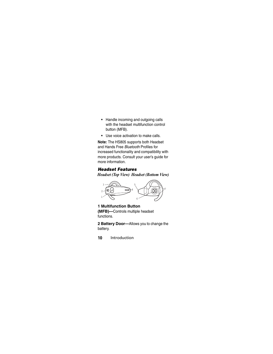 Headset features | Motorola MOTOMANUAL HS805 User Manual | Page 12 / 90