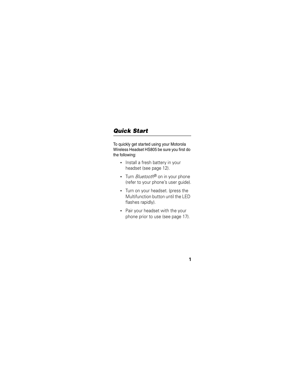 Quick start | Motorola MOTOMANUAL HS805 User Manual | Page 3 / 90