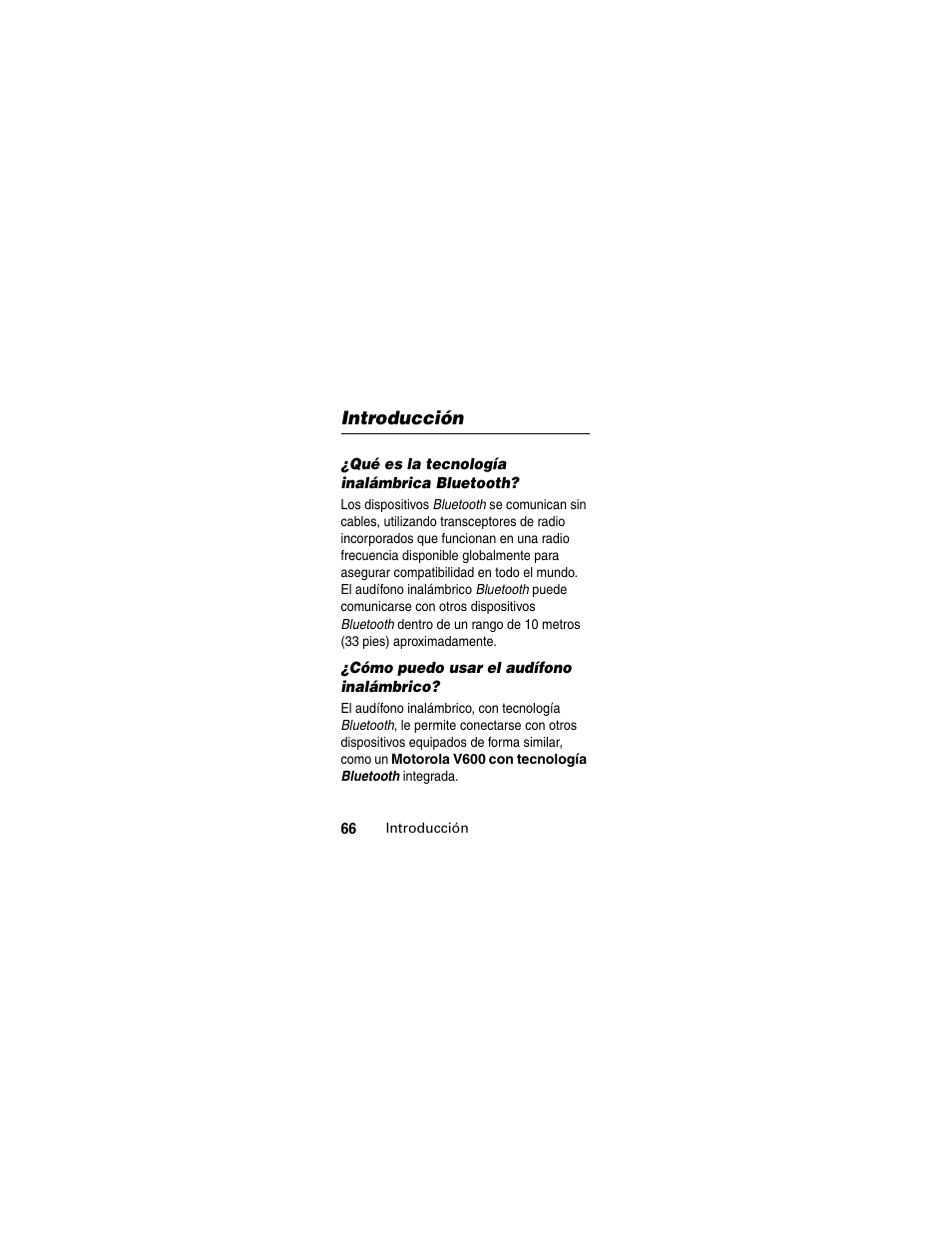 Introducción, Qué es la tecnología inalámbrica bluetooth, Cómo puedo usar el audífono inalámbrico | Motorola MOTOMANUAL HS805 User Manual | Page 68 / 90