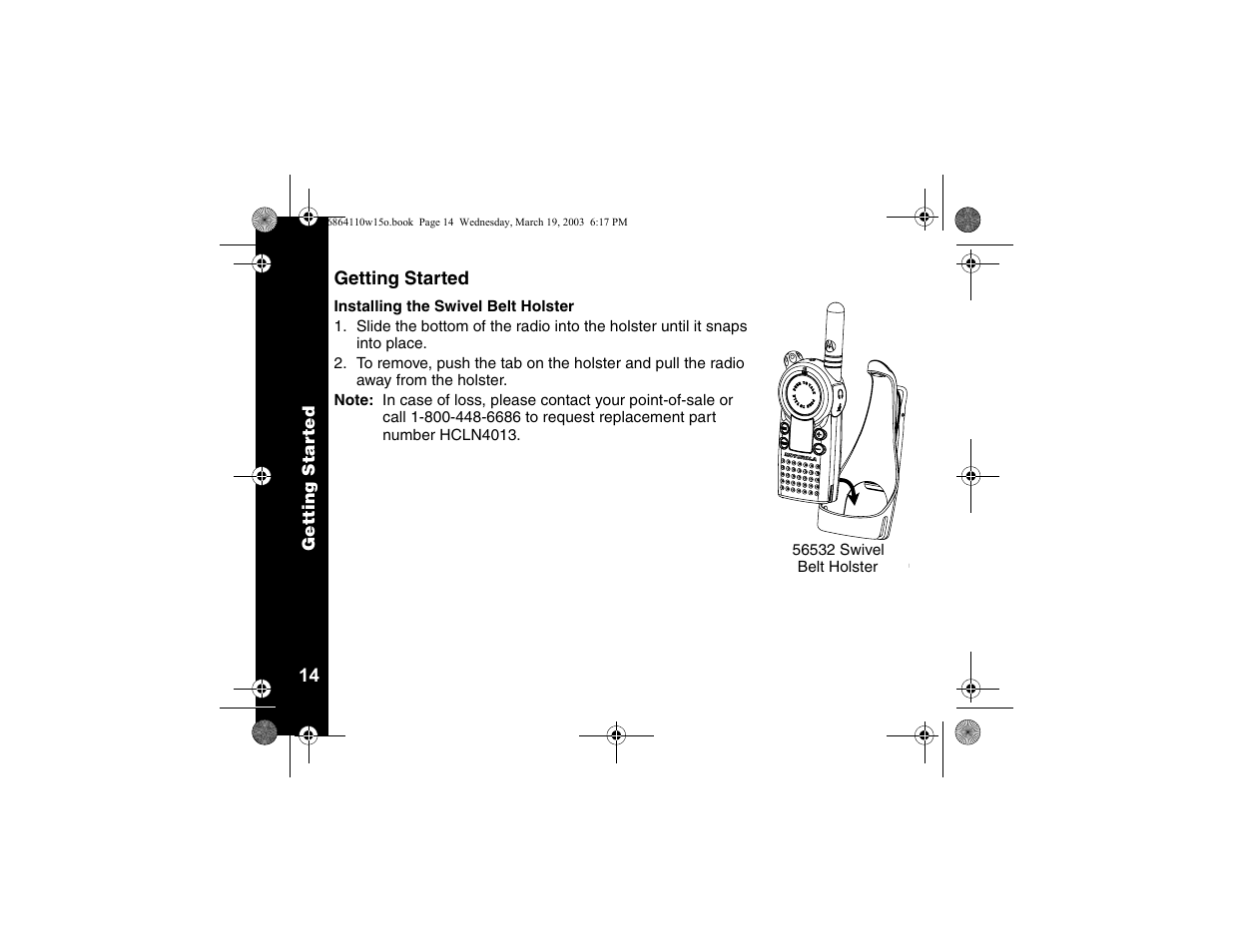 Getting started, Installing the swivel belt holster | Motorola CLS SERIES CLS1410 User Manual | Page 16 / 60