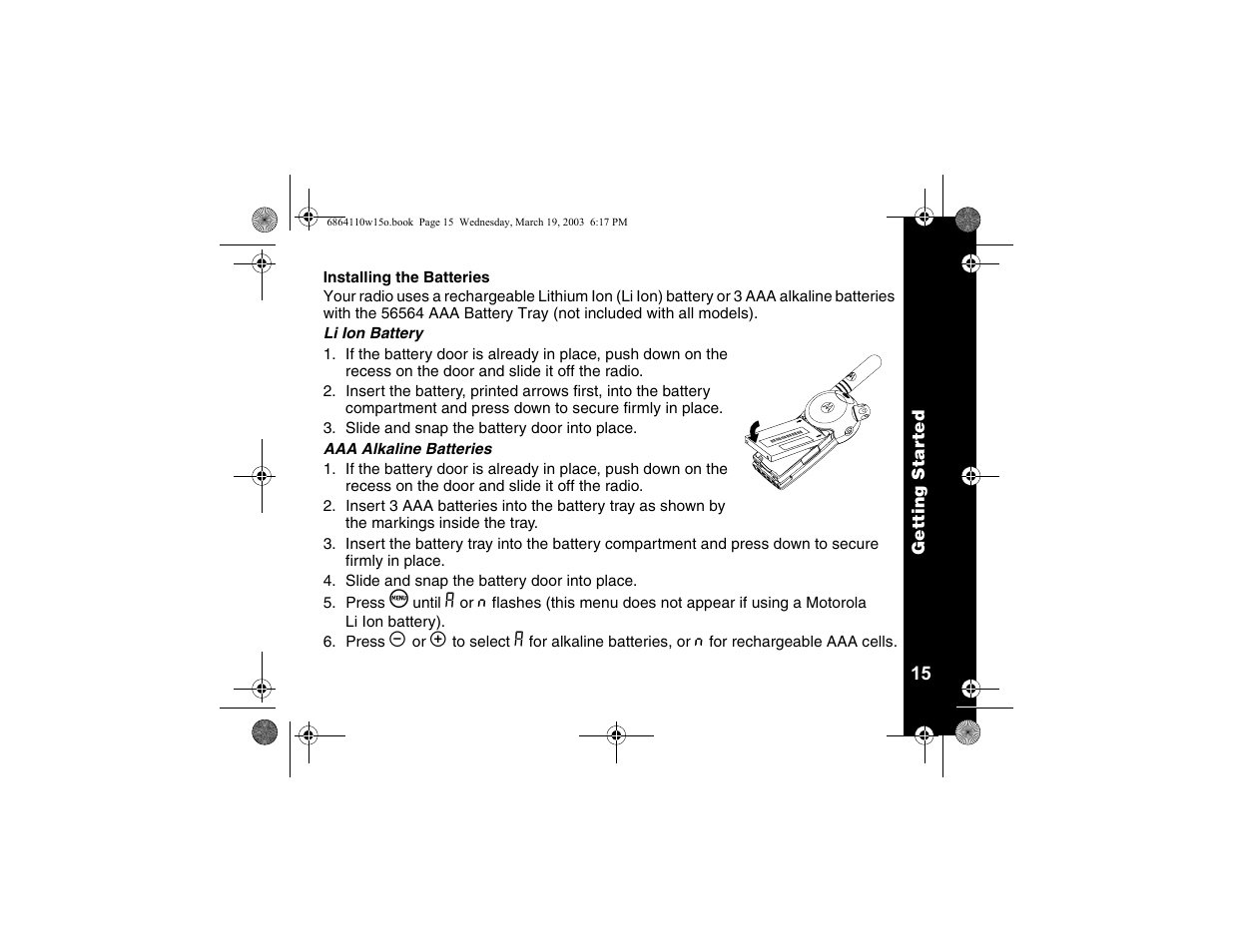 Installing the batteries | Motorola CLS SERIES CLS1410 User Manual | Page 17 / 60