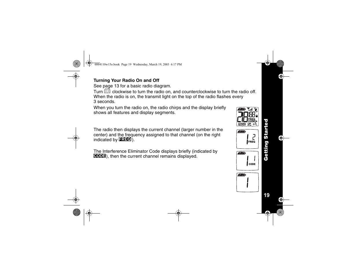 Turning your radio on and off | Motorola CLS SERIES CLS1410 User Manual | Page 21 / 60