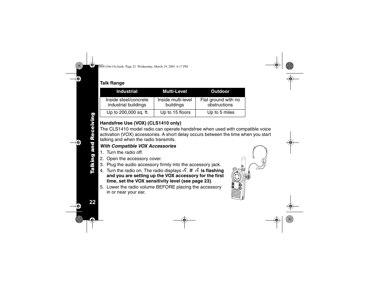 Talk range, Handsfree use (vox) (cls1410 only) | Motorola CLS SERIES CLS1410 User Manual | Page 24 / 60