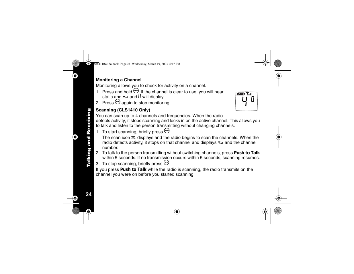Monitoring a channel, Scanning (cls1410 only) | Motorola CLS SERIES CLS1410 User Manual | Page 26 / 60