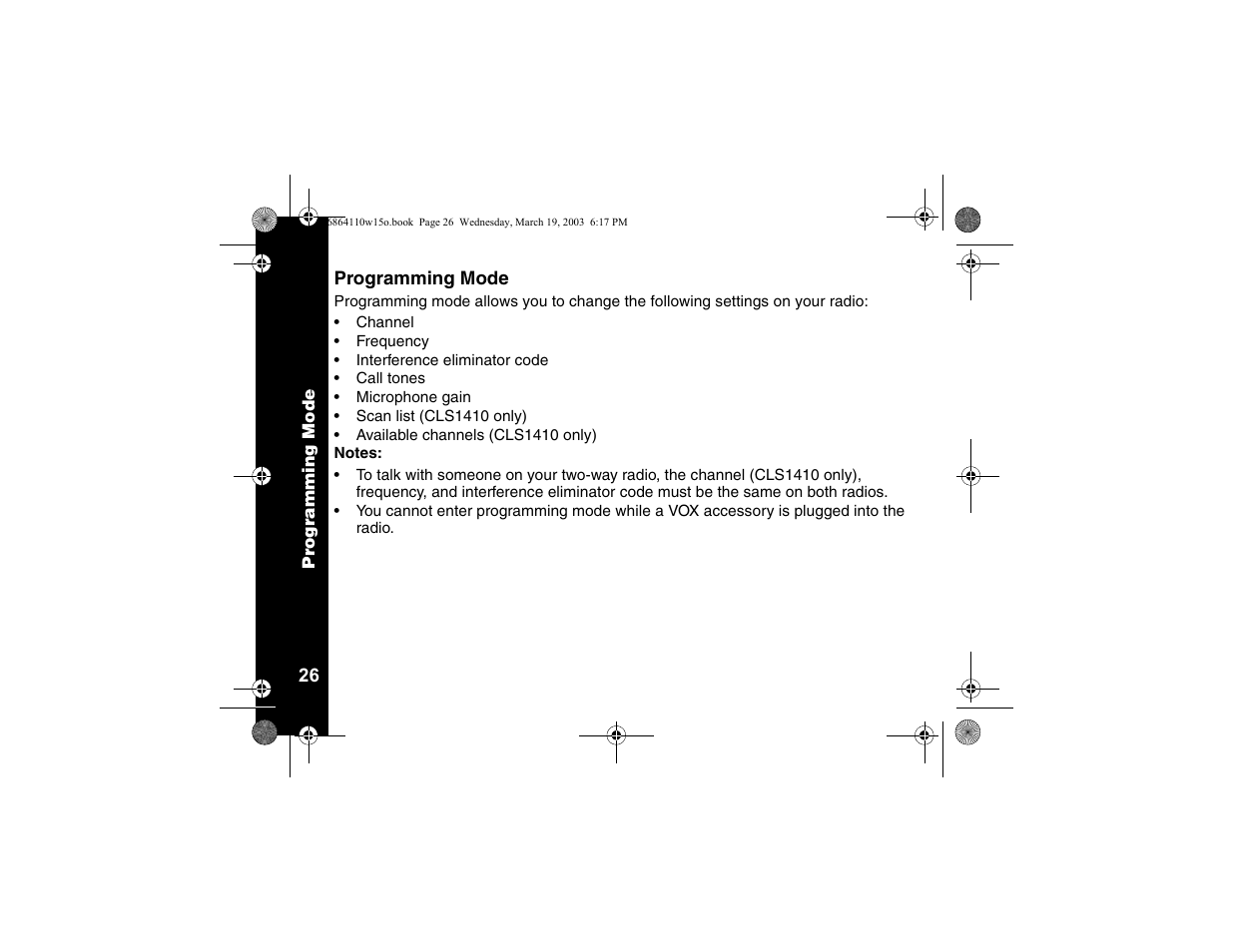 Programming mode | Motorola CLS SERIES CLS1410 User Manual | Page 28 / 60