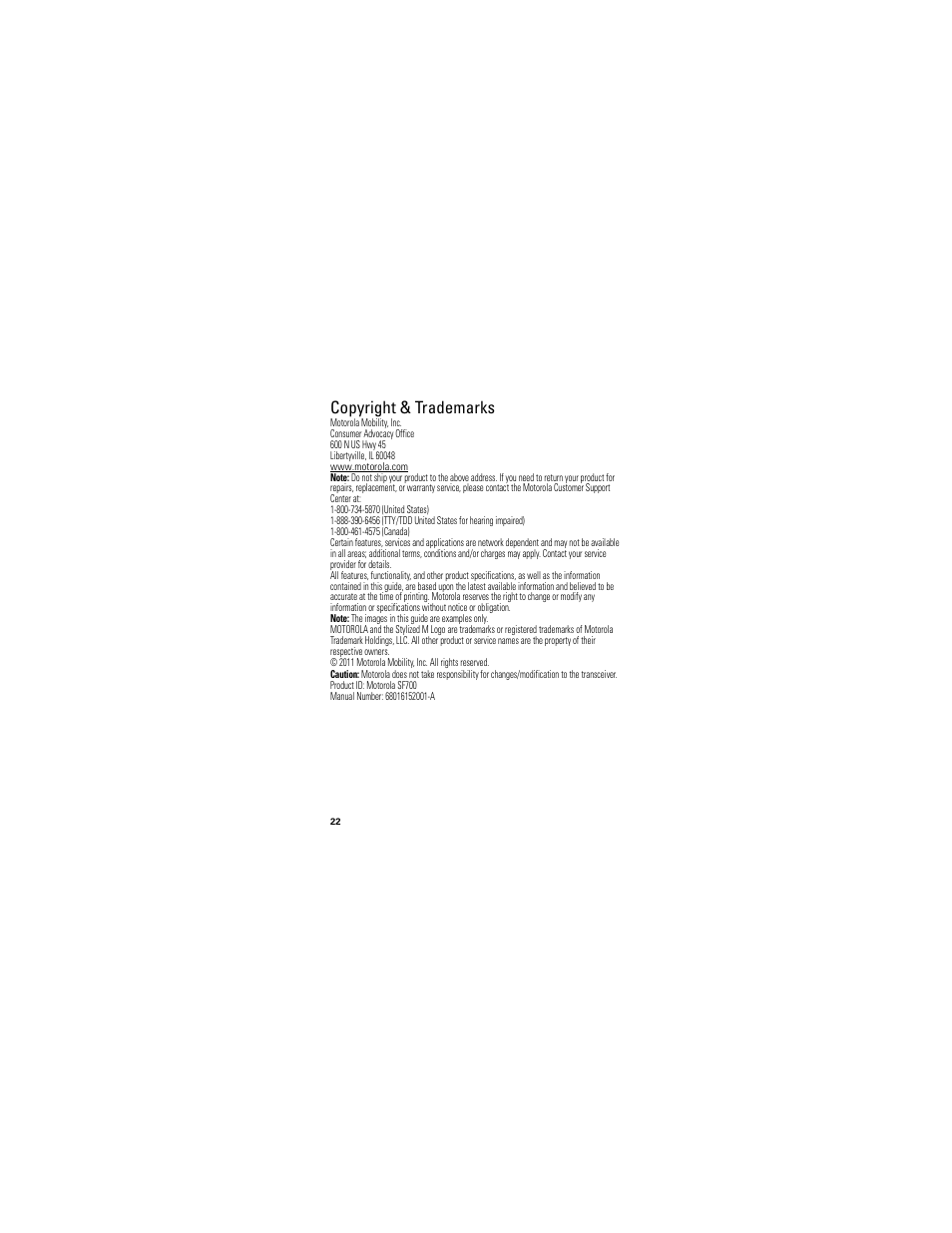 Copyright & trademarks | Motorola SF700 User Manual | Page 24 / 26