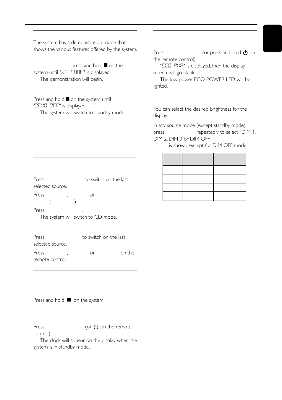 Basic functions, Demonstration mode, Switching the system on | Switching the system to standby mode, Dim mode | Motorola FW-C155 User Manual | Page 13 / 27