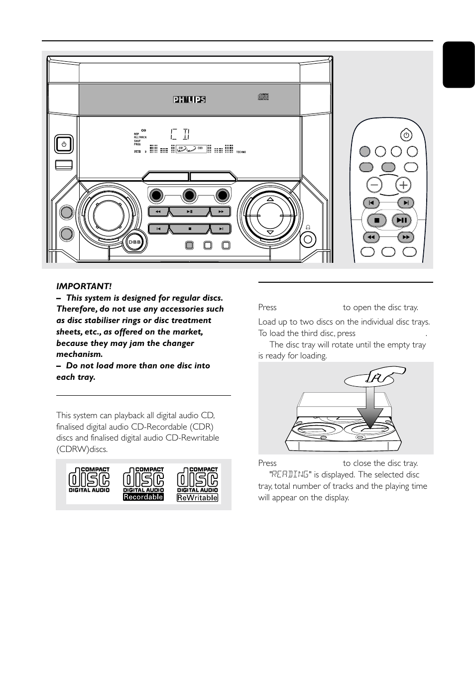 Cd operation, Discs for playback, Loading discs 1 | 15 english, Press open/close to open the disc tray, Clock | Motorola FW-C155 User Manual | Page 15 / 27