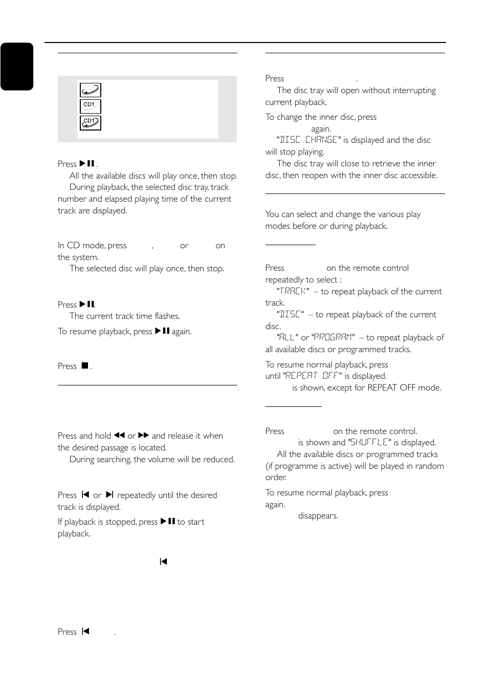 Cd operation, Playing discs, Selecting a desired track/passage | Replacing discs during playback 1, Repeat and shuffle | Motorola FW-C155 User Manual | Page 16 / 27