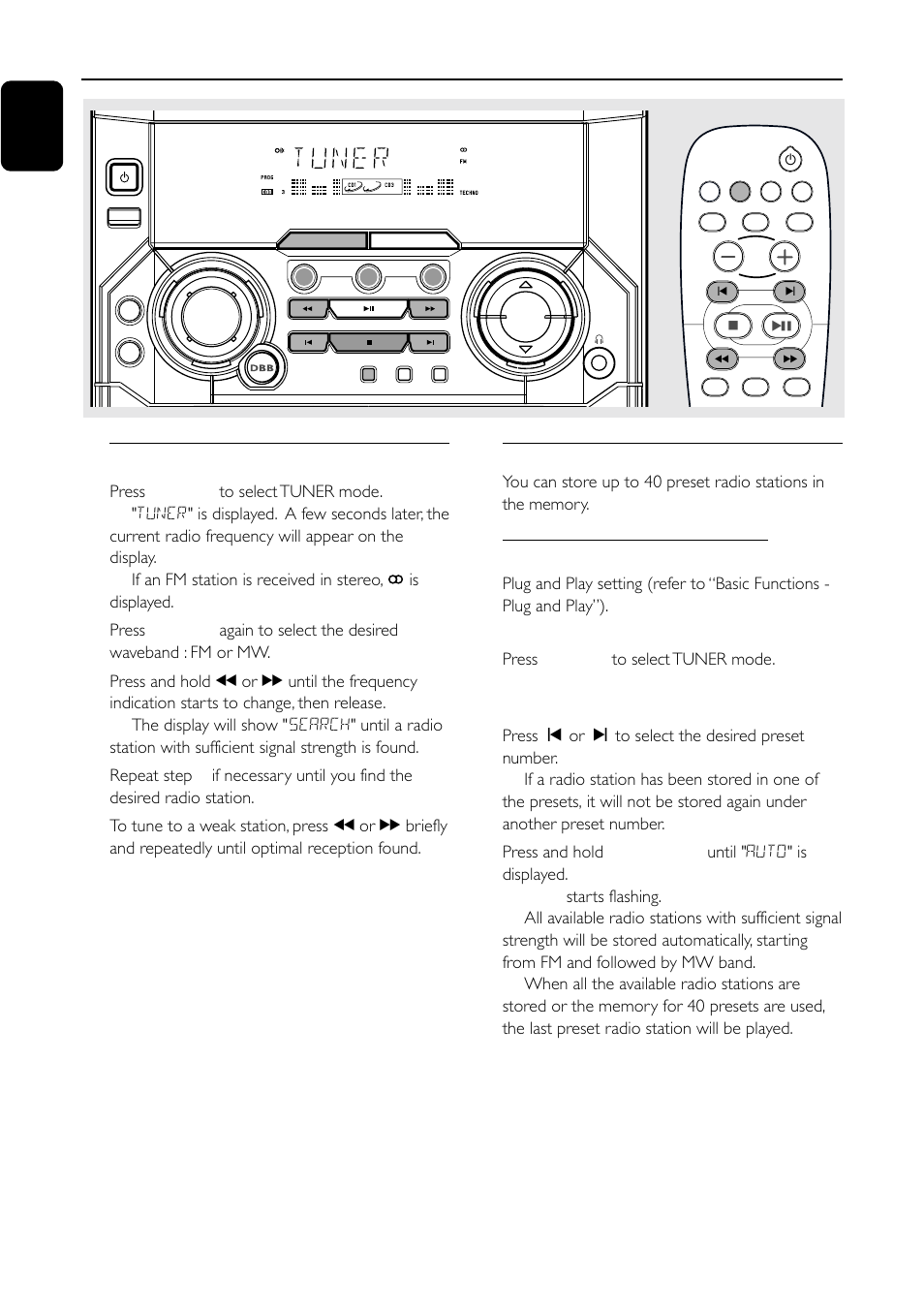 Radio reception, Tuning to radio stations 1, Storing preset radio stations | 18 english, Press and hold program until " auto" is displayed | Motorola FW-C155 User Manual | Page 18 / 27